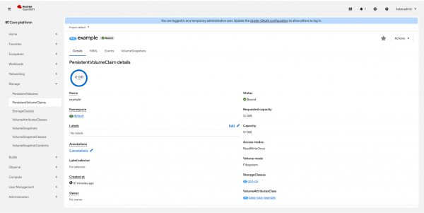 Red Hat OpenShift web console showing the PersistentVolumeClaim details page for "example" in a Bound status, indicating the volume is successfully provisioned and connected to the base-iops-example VolumeAttributesClass.