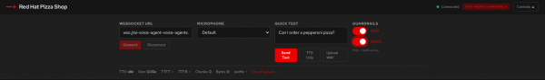 Web control panel showing configuration inputs and active toggle switches for FMS and NeMo guardrails.