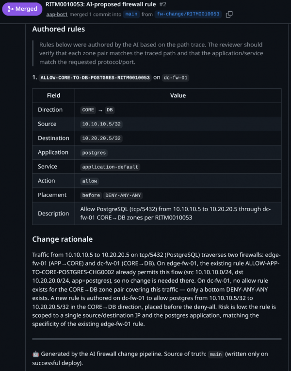 GitHub pull request displaying AI-authored firewall rule parameters in a structured table with change rationale text.