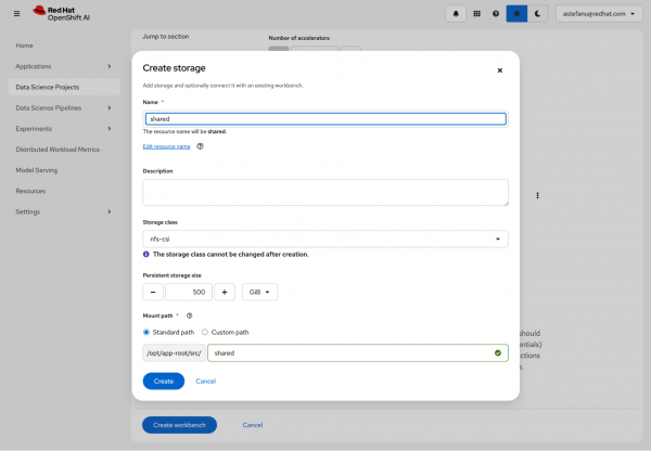 Create storage modal in Red Hat OpenShift AI with shared entered as the name, nfs-csi storage class, and 500 GiB persistent storage size.
