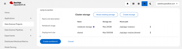 Create workbench form in Red Hat OpenShift AI showing the Cluster storage section with an existing notebook-storage volume and a newly created shared volume.