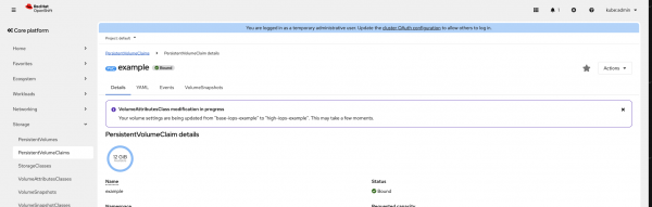 Red Hat OpenShift web console showing an info alert on a PersistentVolumeClaim details page stating that a VolumeAttributesClass modification is in progress.