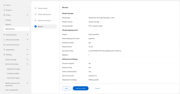 Review page for model deployment summarizing granite4 name, vLLM runtime, 1 replica, and token authentication before clicking Deploy model.