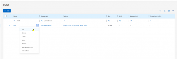 Edit settings for the clone to set it as the boot LUN.