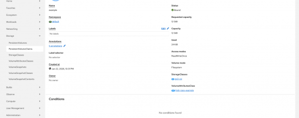 Red Hat OpenShift web console showing the PersistentVolumeClaim details page successfully updated to use the high-iops-example VolumeAttributesClass.