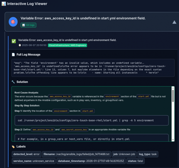 Expanded view of a variable error solution showing a full log message, a root cause analysis for an undefined AWS access key, and a two-step CLI remediation process.