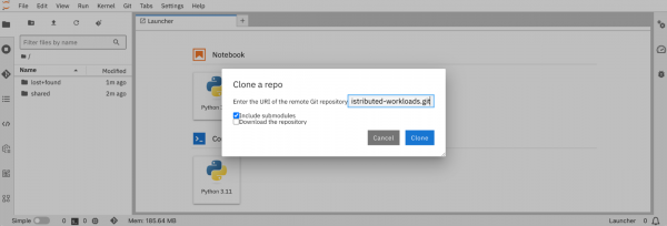 Clone a repo modal in Red Hat OpenShift AI with a distributed-workloads git repository URL entered.