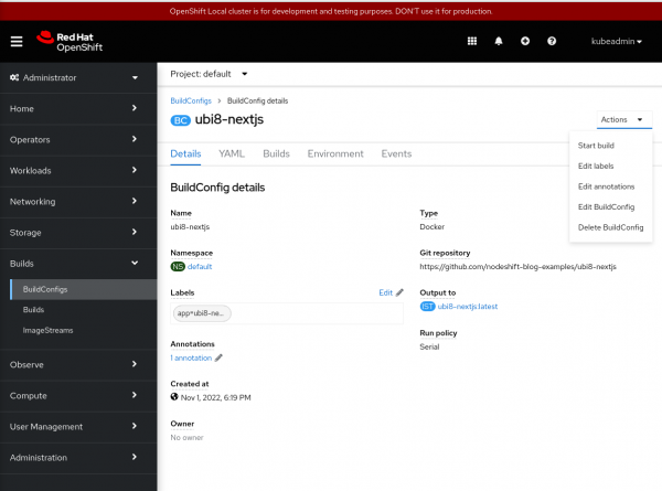Screenshot showing how to start a build from the OpenShift UI.