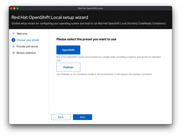 The new presets in OpenShift Local 2.0.