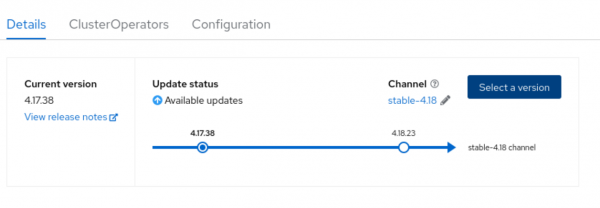 The update status section on the details tab in the OpenShift web console, showing the recommended upgrade path.