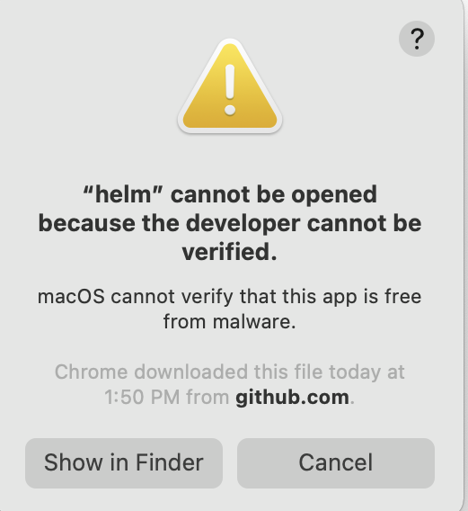 macOS error: the computer refuses to open a tool downloaded from an unrecognized location.