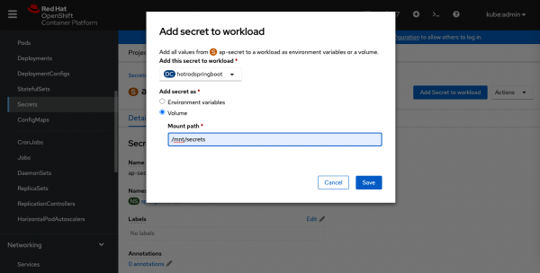 Screenshoot showing how to add a secret to the deployment configuration.