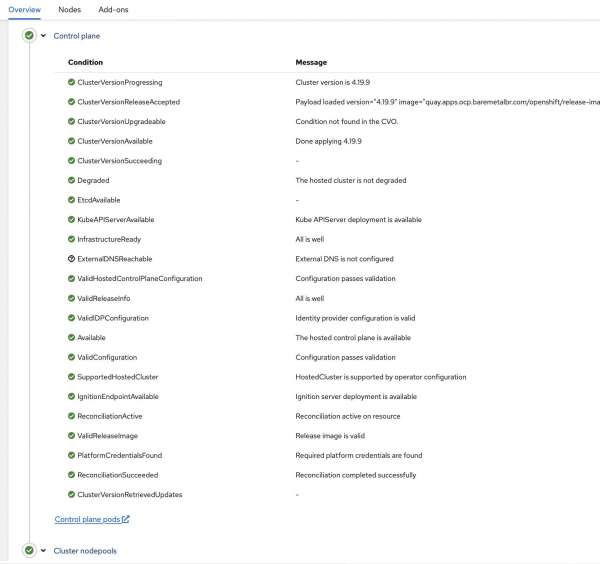 The OpenShift Console shows deployed hosted cluster.