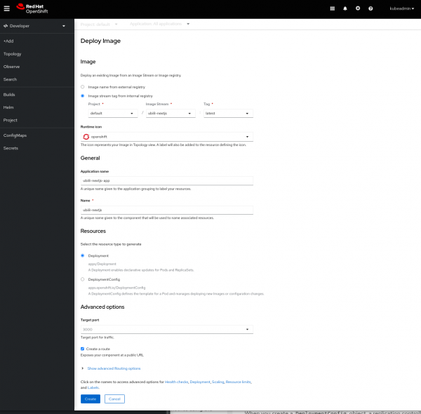 Screenshot showing how to deploy an image from the OpenShift UI.