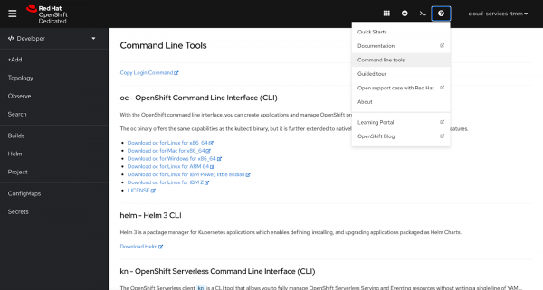 OpenShift CLI installation and login instructions in the Developer Sandbox.