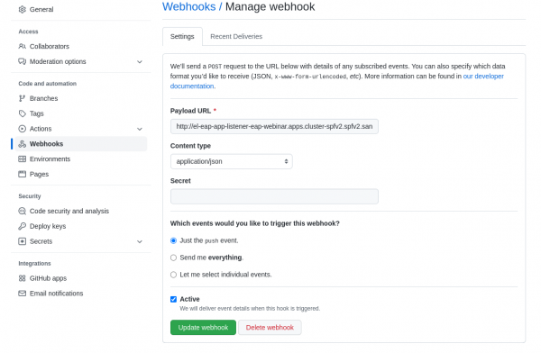 GitHub settings tab showing the configuration of webhooks to trigger the OpenShift Pipeline