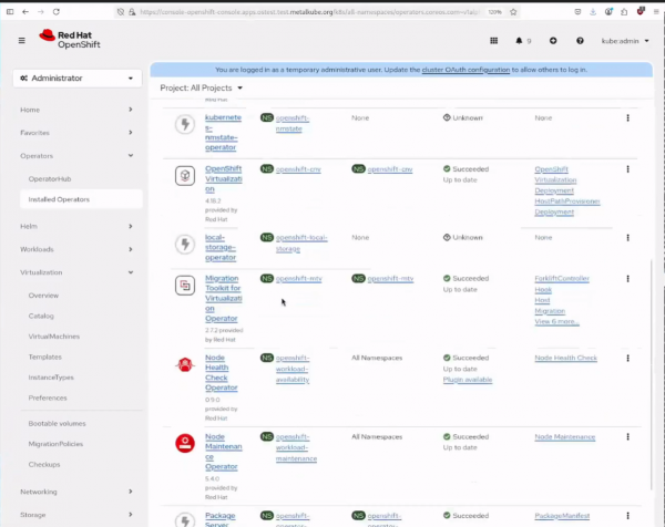 Cluster console with virtualization tab visible.