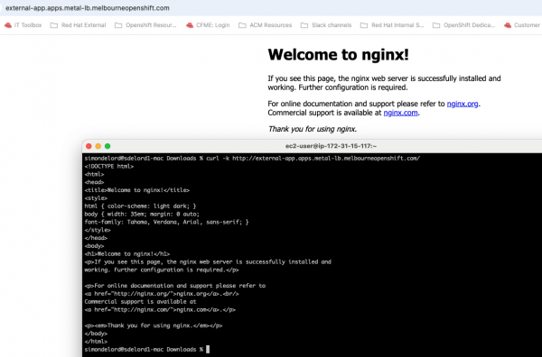 The NGINX welcome page is displayed in a web browser, while a terminal window shows the matching HTML source code from a curl command.