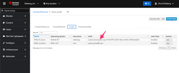 Images tab in Red Hat Satellite showing the custom URI prefix highlighted in the UUID column for an Azure virtual machine image.