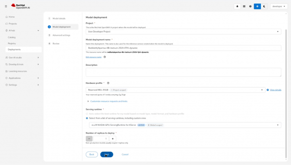 OpenShift AI model deployment form showing the selected vLLM serving runtime with a cursor hovering over the Next button.
