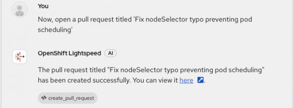 OpenShift Lightspeed chat confirming successful creation of the requested pull request with a tool link.