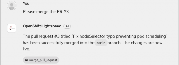 OpenShift Lightspeed chat interface confirming pull request number 3 was successfully merged into the main branch.