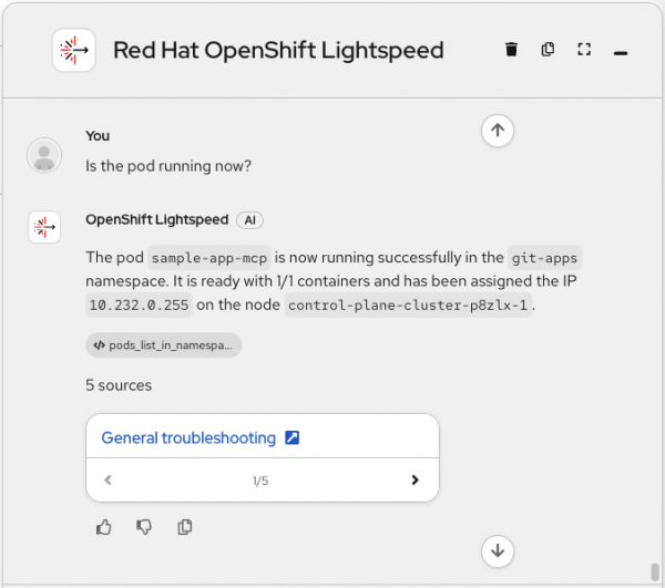 OpenShift Lightspeed chat displaying successful running status and assigned worker node IP for the pod.