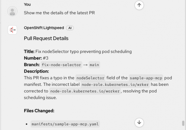 OpenShift Lightspeed interface showing pull request details including title, number, branches, and description.