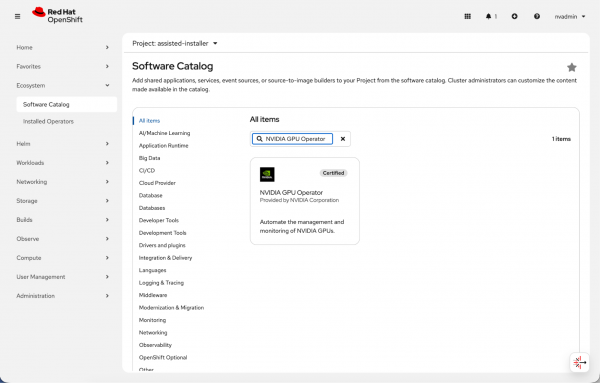 Software Catalog in Red Hat OpenShift showing a search for NVIDIA GPU Operator with one result provided by NVIDIA Corporation.