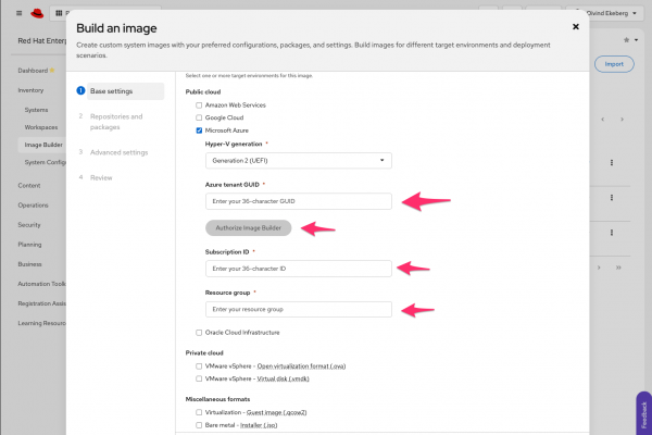 Azure configuration fields for tenant GUID, subscription ID, resource group, and the authorize button in RHEL Image Builder.