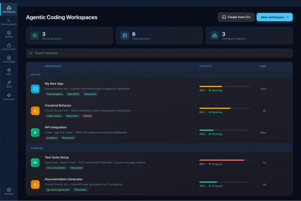 Dark mode dashboard interface showing active and stopped development sessions categorized by active AI coding agents.