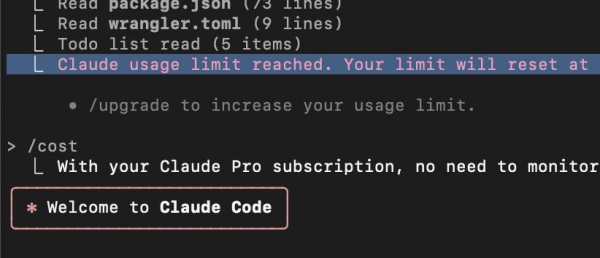Terminal interface displaying a pink-highlighted error message indicating that the Claude usage limit has been reached.