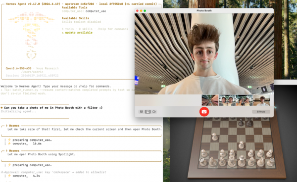 A Hermes agent terminal interface executing commands alongside active Photo Booth and Chess windows on a macOS desktop.