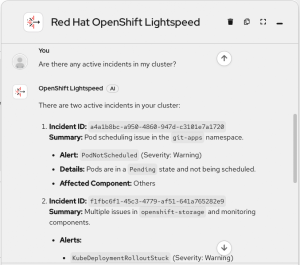 OpenShift Lightspeed interface listing two active cluster incidents, including their unique IDs, summaries, and severity levels.