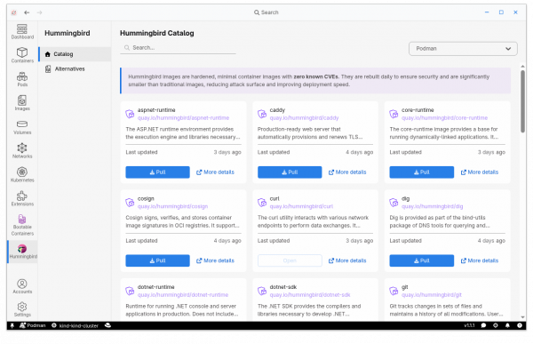 Podman Desktop Hummingbird catalog displaying hardened container base images, including ASP.NET runtime, Caddy, and Git, with options to pull.