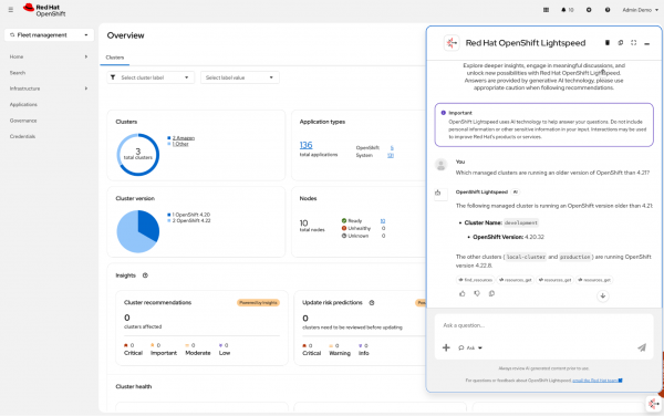 OpenShift Lightspeed chat response identifying development cluster running version 4.20.32 while other clusters run 4.22.8.