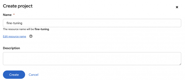 Create project form with the Name field set to fine-tuning, an empty Description field, and a Create button.
