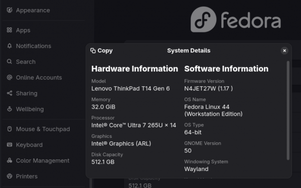 GNOME System Details window listing system hardware, showing Intel Graphics (ARL) under the Graphics entry.