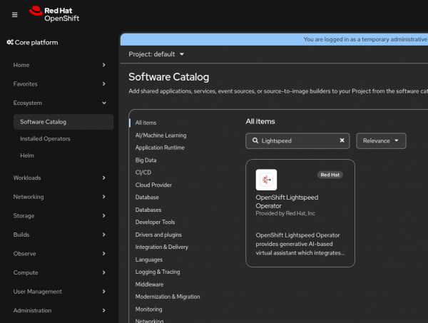 Software Catalog search results in the OpenShift console displaying the OpenShift Lightspeed Operator tile.