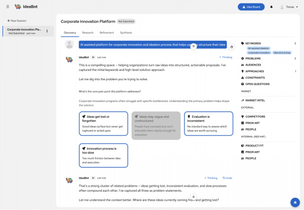 IdeaBot conversational interface displaying AI-prompted problem statement options and a sidebar categorizing ideation metadata.