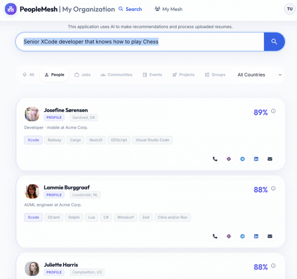 Three employee profiles match the search query "Senior Xcode developer that knows how to play Chess" with relevance scores of 88% and 89%.