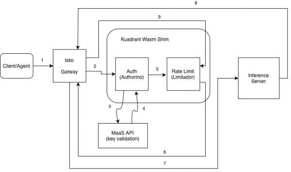 Flowchart mapping numbered request steps between a client, Istio Gateway, Kuadrant Wasm Shim, MaaS API, and an inference server.
