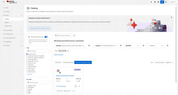 Red Hat OpenShift AI model catalog interface with model performance view enabled, showing the filtered audio-to-text validated Gemma model card.