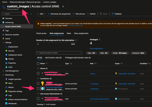 Azure Access control page showing the Red Hat Image Builder service principal assigned the Contributor role.