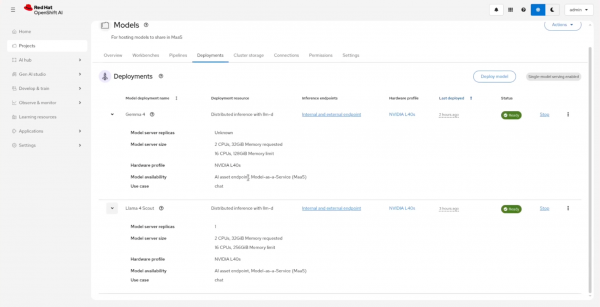 Red Hat OpenShift AI dashboard displaying the expanded deployments list within a project.