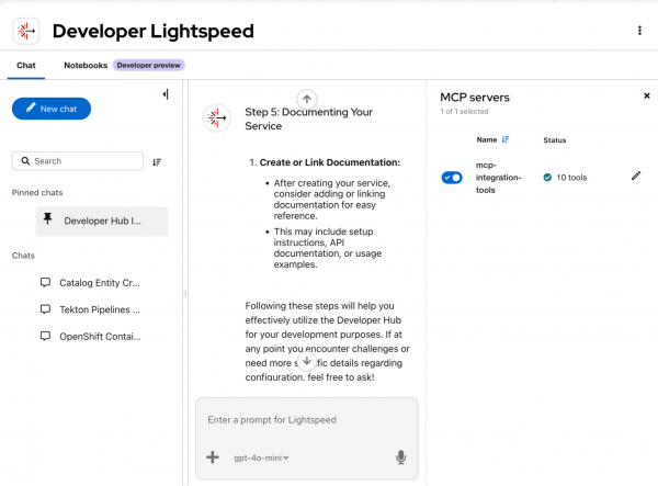 Web interface displaying the configuration panel for MCP servers with an active toggle status for specific integration tools.