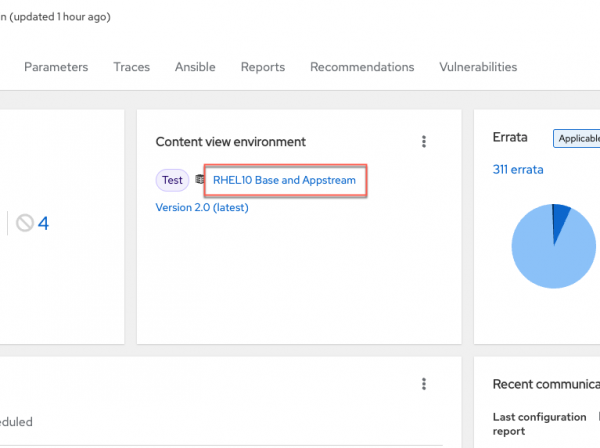 A cropped screenshot of the content view environment card on the host dashboard, focusing on the clickable RHEL 10 Base and AppStream link inside a red box.