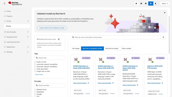 Red Hat OpenShift AI dashboard listing validated models, including NVIDIA Nemotron and Qwen, under the AI hub section.