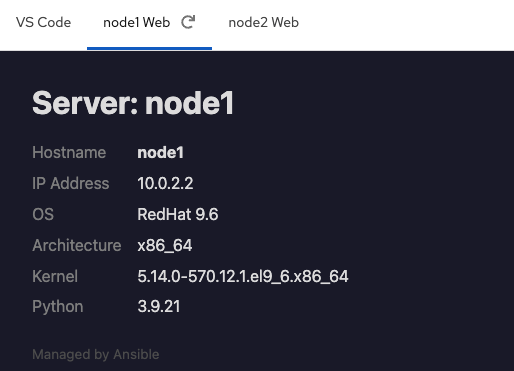 Server details page for node1 displaying hostname, IP address 10.0.2.2, system specs, and a Managed by Ansible status label.