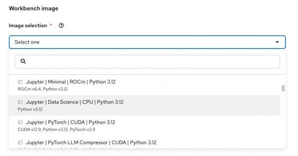 Image selection drop-down list in workbench setup, highlighting the Jupyter Data Science CPU Python 3.12 option.